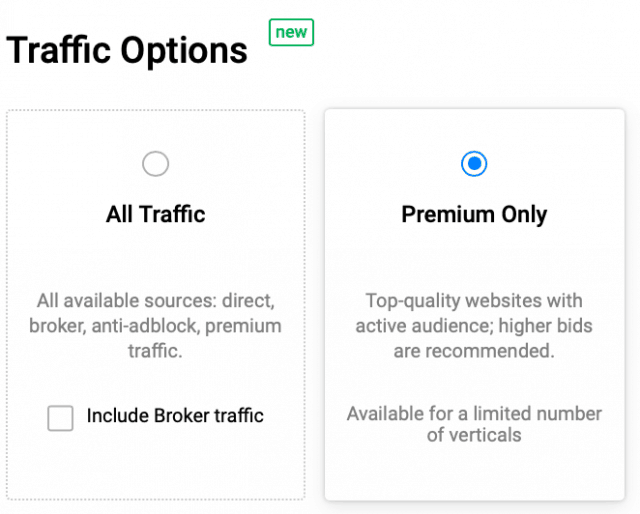 Propeller Ads Review - traffic options premium