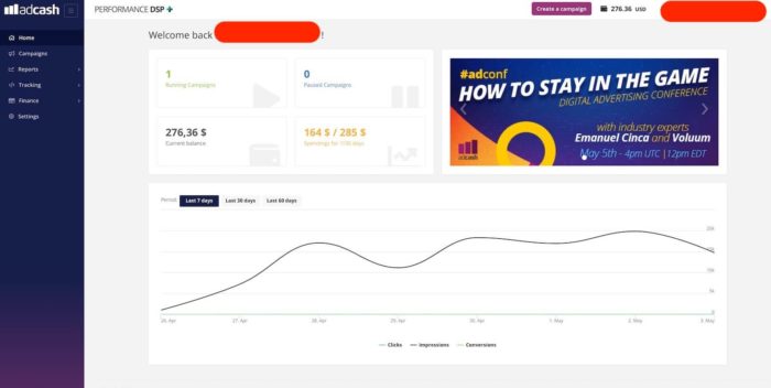 adcash review - dashboard