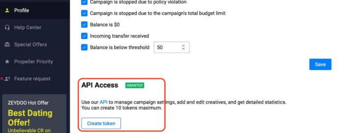 Voluum Automizer campaign auto optimization - PropellerAds API Token