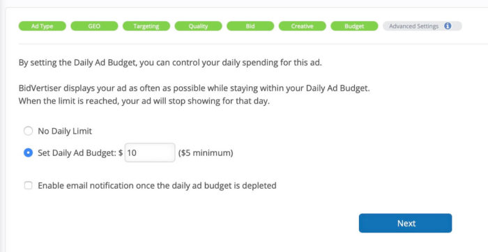 bidvertiser review - campaign budgets