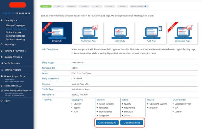 bidvertiser review - create campaign