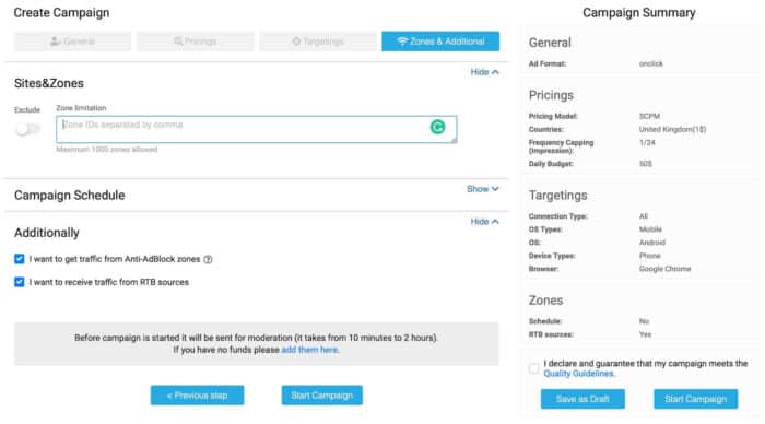 Clickadu Zones and Schedule