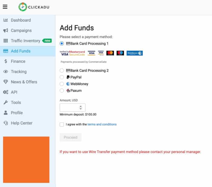 Clickadu add funds