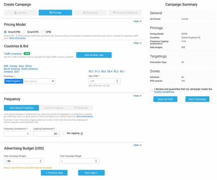 Clickadu campaign pricing