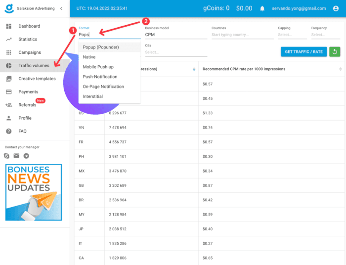 galaksion ads review - traffic estimator